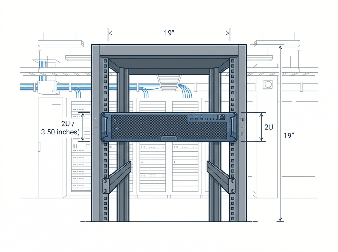19 inch 2U server rack with height and width dimension callouts