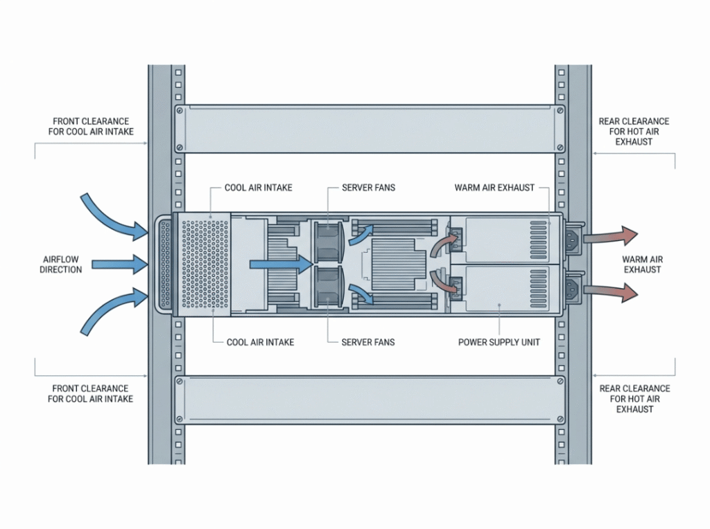 Airflow diagram showing front intake and rear exhaust for a 2U server Airflow diagram showing front intake and rear exhaust for a 2U server