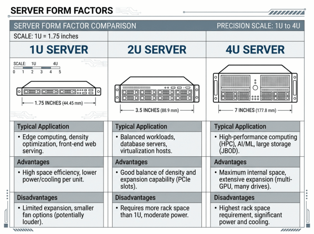 Size comparison of 1U, 2U, and 4U server form factors Size comparison of 1U, 2U, and 4U server form factors
