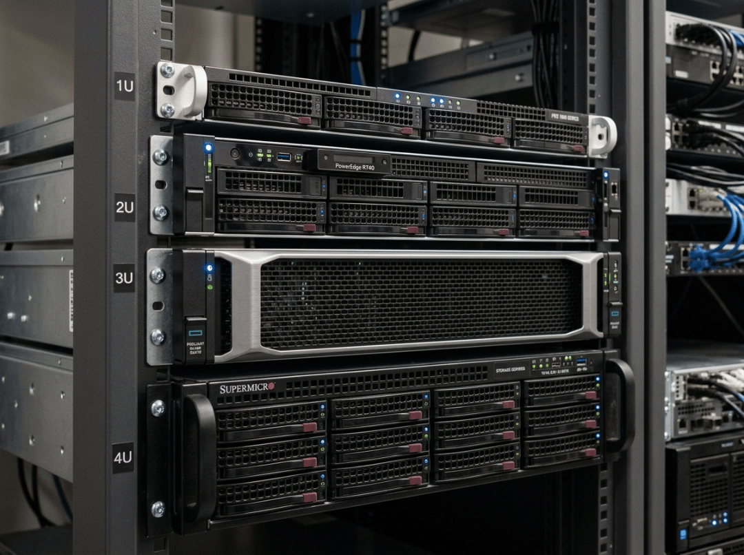 Four stacked rackmount server chassis, 1U to 4U
