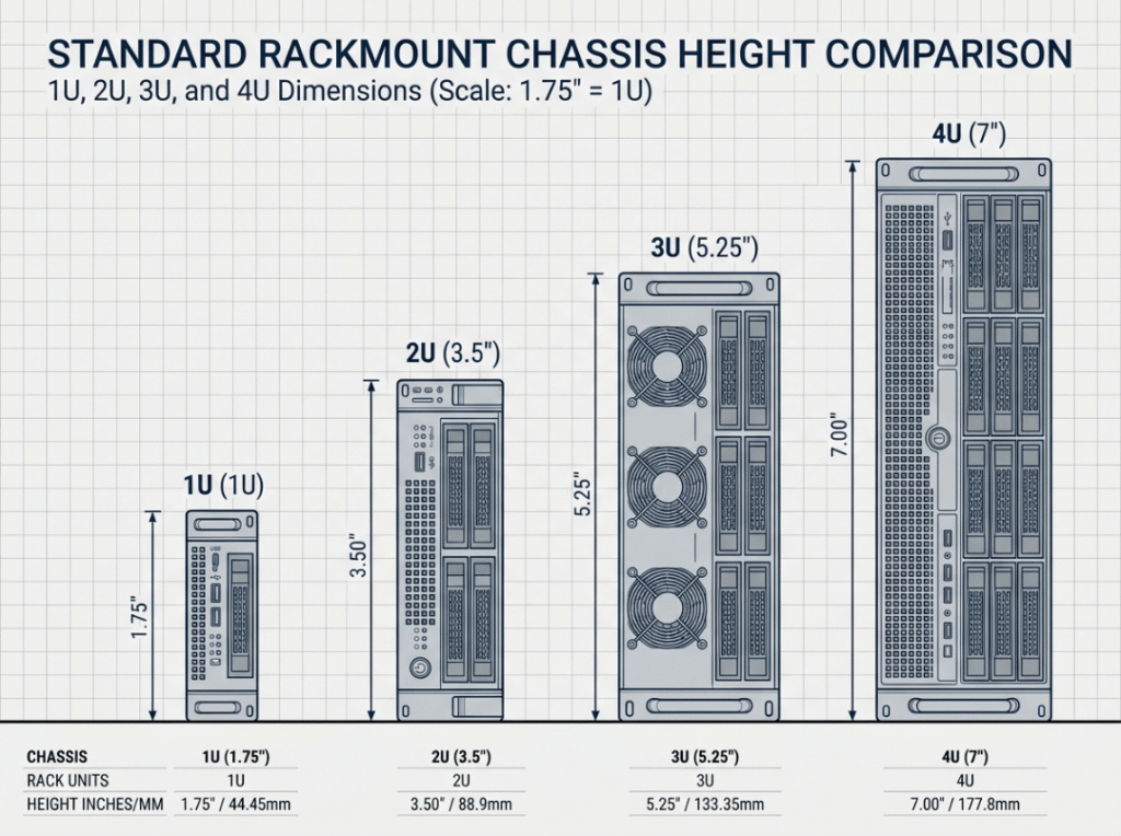 Scaled height comparison of 1U to 4U chassis Scaled height comparison of 1U to 4U chassis