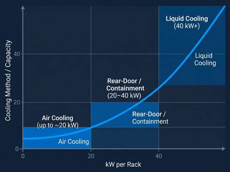 Chart showing how rising rack power density from 20 to 40 plus kW requires air, containment, or liquid cooling Chart showing how rising rack power density from 20 to 40 plus kW requires air, containment, or liquid cooling