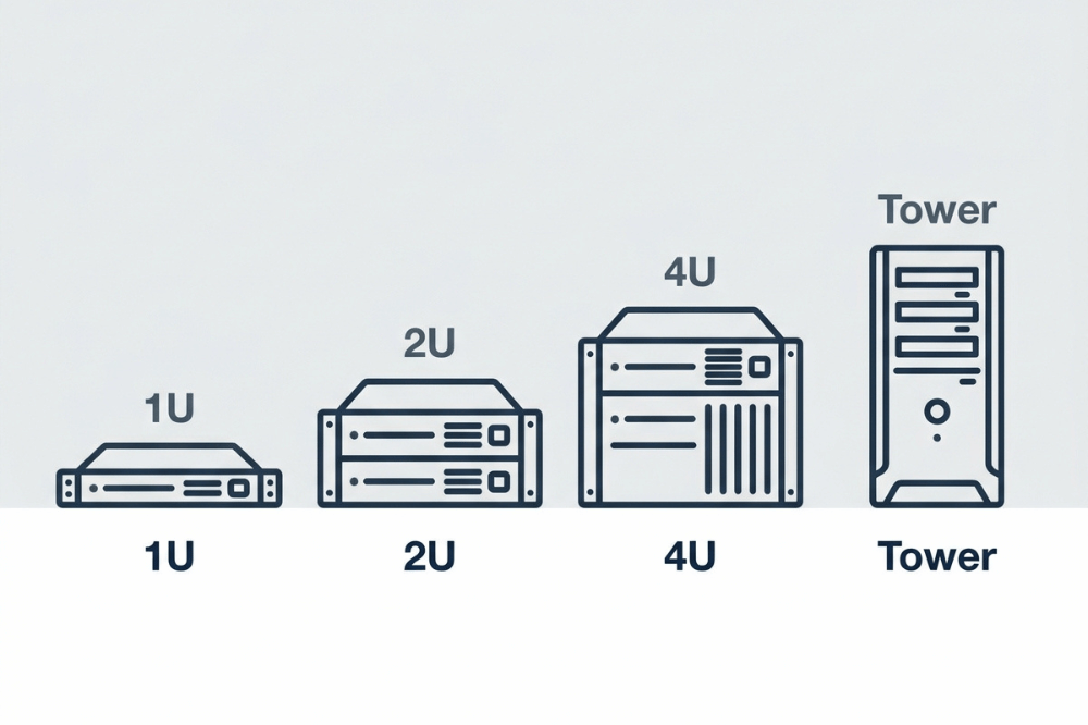 Comparison of 1U, 2U, 4U rackmount, and tower server chassis form factors Comparison of 1U, 2U, 4U rackmount, and tower server chassis form factors