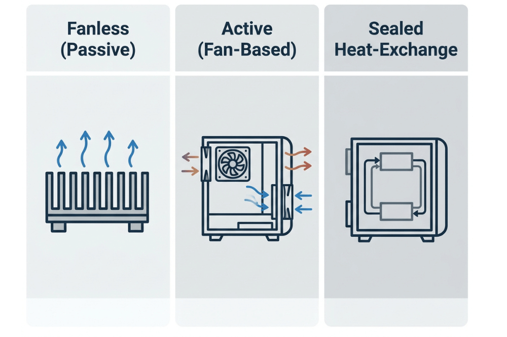 Comparison of fanless, active, and sealed heat exchange cooling for industrial computer chassis Comparison of fanless, active, and sealed heat exchange cooling for industrial computer chassis