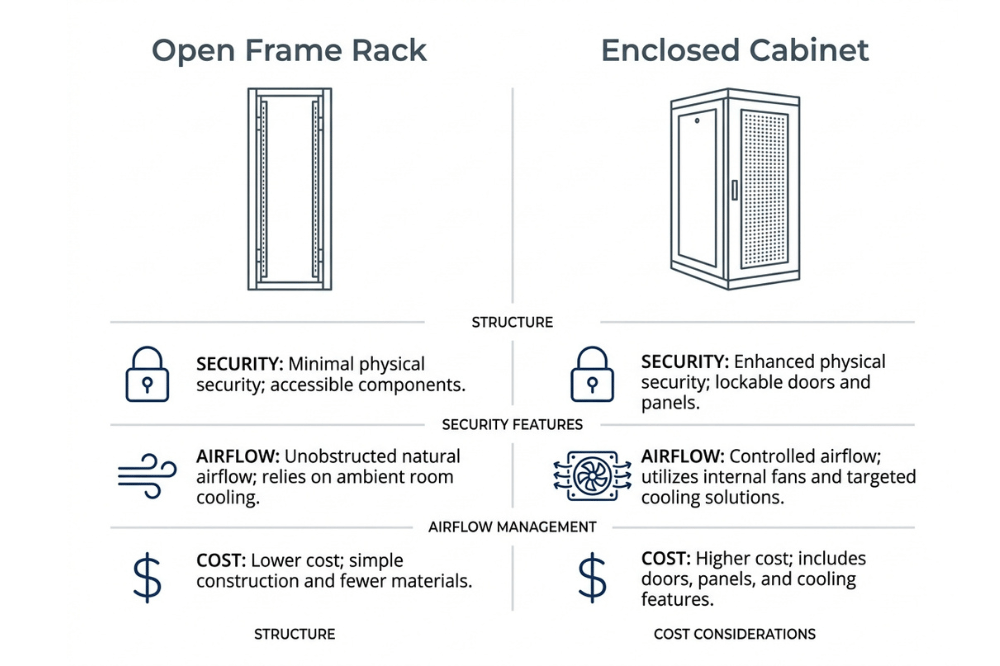 Comparison of open frame rack and enclosed server cabinet by security, airflow, and cost Comparison of open frame rack and enclosed server cabinet by security, airflow, and cost