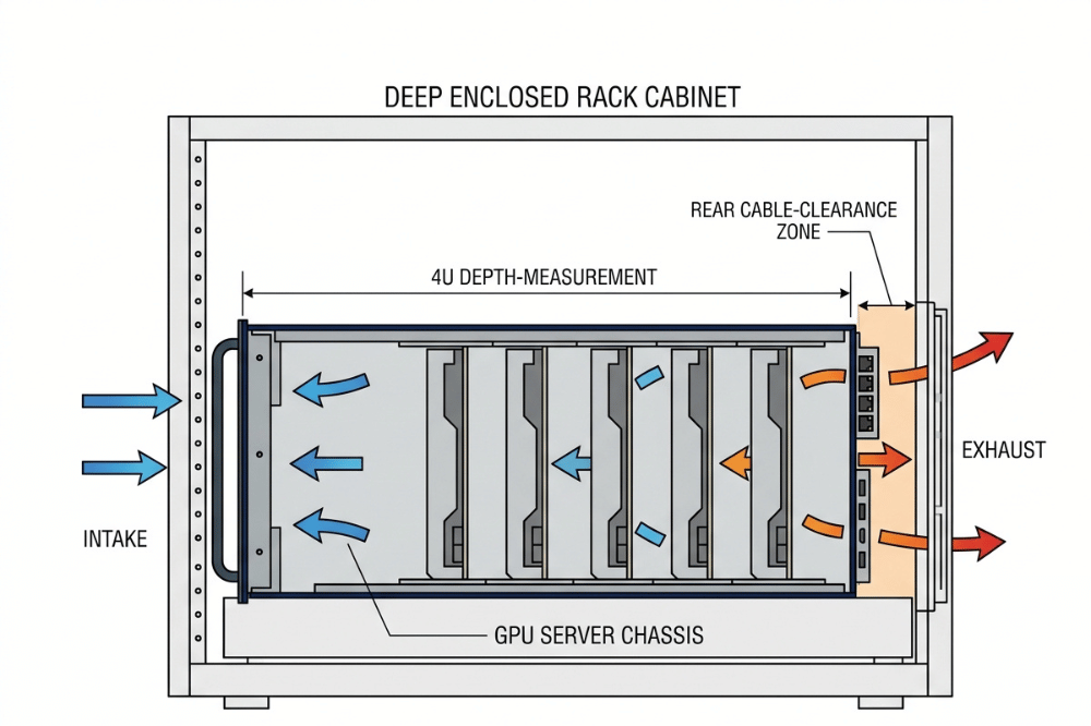 Cutaway diagram showing GPU chassis depth clearance and front to back airflow inside a rack cabinet Cutaway diagram showing GPU chassis depth clearance and front to back airflow inside a rack cabinet