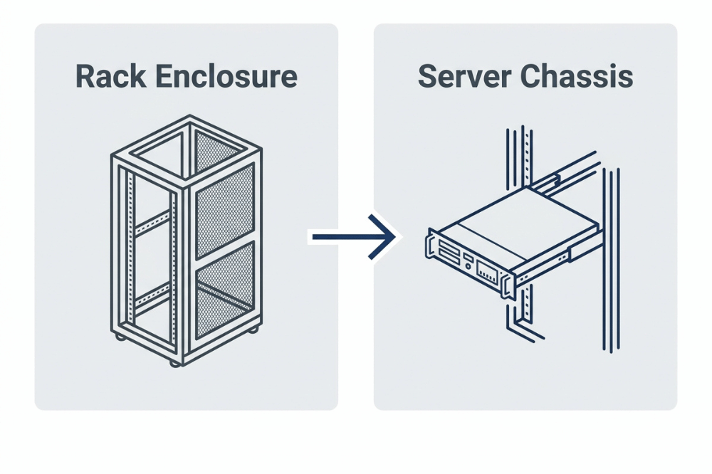 Diagram comparing a rack enclosure cabinet and an individual server chassis that mounts inside it Diagram comparing a rack enclosure cabinet and an individual server chassis that mounts inside it