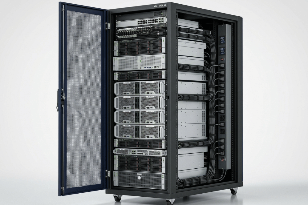 Enclosed 42U server rack cabinet with stacked rackmount chassis, GPU nodes, and vertical PDU