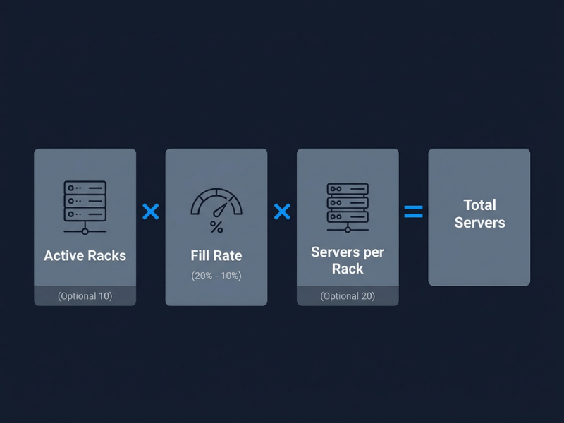 Formula infographic showing how to estimate data center server count using rack count, fill rate, and servers per rack Formula infographic showing how to estimate data center server count using rack count, fill rate, and servers per rack
