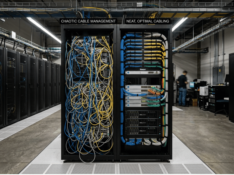 High Density Rack Cable Management Cable Waterfall vs Organized Routing High Density Rack Cable Management Cable Waterfall vs Organized Routing