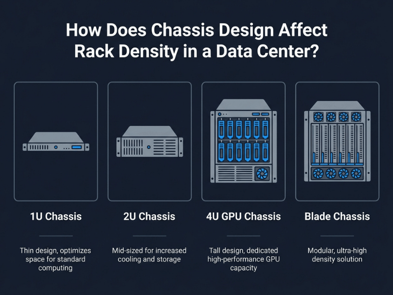 Infographic comparing 1U, 2U, 4U GPU, and blade server chassis designs and their rack density impact Infographic comparing 1U, 2U, 4U GPU, and blade server chassis designs and their rack density impact