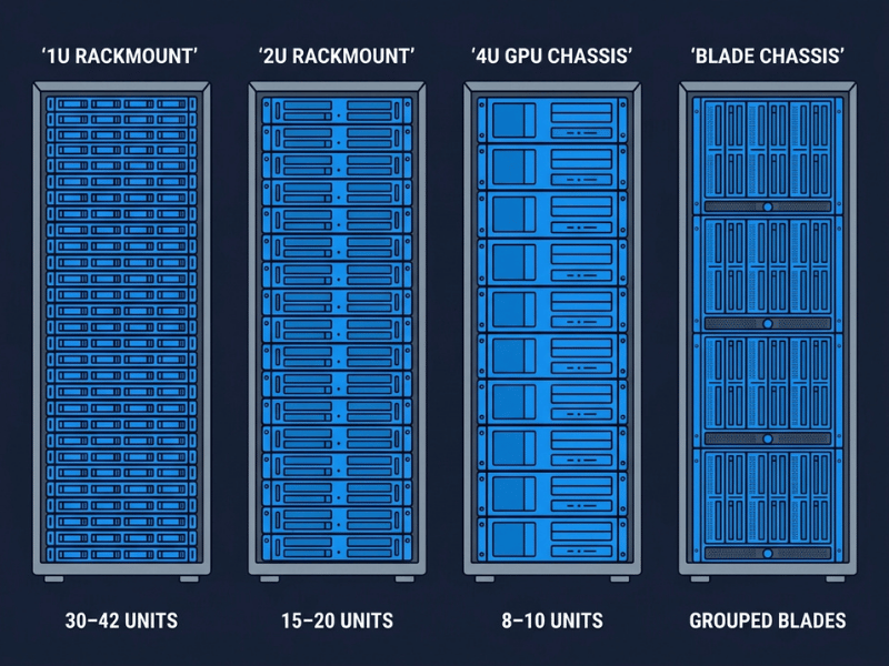 Infographic comparing how many 1U, 2U, 4U GPU, and blade servers fit in a standard 42U rack Infographic comparing how many 1U, 2U, 4U GPU, and blade servers fit in a standard 42U rack