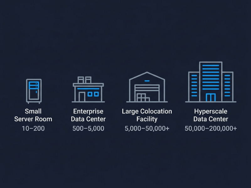 Infographic comparing server counts across small server rooms, enterprise, colocation, and hyperscale data centers Infographic comparing server counts across small server rooms, enterprise, colocation, and hyperscale data centers