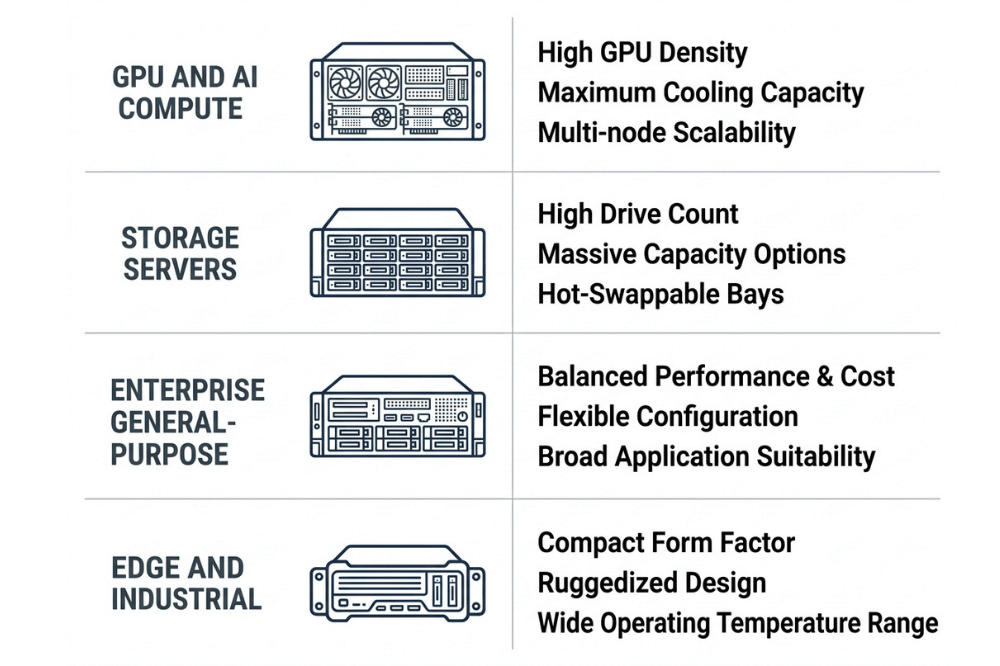 Infographic matching GPU, storage, enterprise, and edge workloads to recommended server chassis types Infographic matching GPU, storage, enterprise, and edge workloads to recommended server chassis types