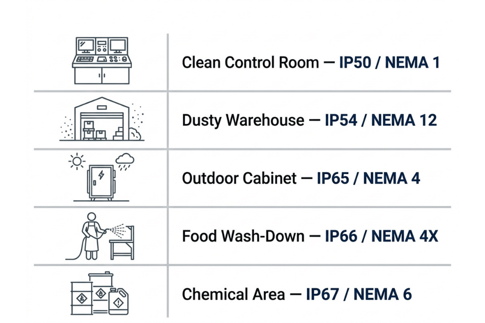 Infographic matching industrial environments to recommended IP and NEMA protection ratings Infographic matching industrial environments to recommended IP and NEMA protection ratings