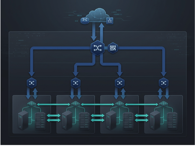 A professional, high tech network architecture diagram illustrating cloud to server connectivity, emphasizing scalability, security, and robust data flow through a structured, layered infrastructu North South vs. East West Traffic Diagram