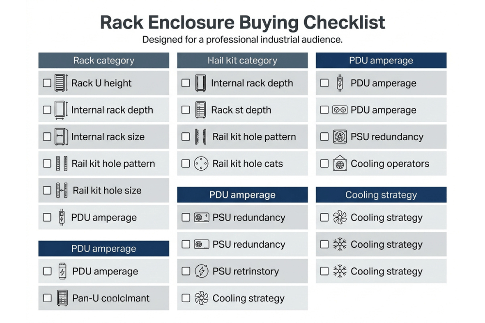 Rack enclosure buying checklist covering dimensions, cooling, power, and rail compatibility Rack enclosure buying checklist covering dimensions, cooling, power, and rail compatibility