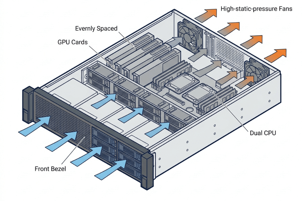 Server chassis airflow diagram showing front to back cooling path across GPUs, CPUs, and rear exhaust fans Server chassis airflow diagram showing front to back cooling path across GPUs, CPUs, and rear exhaust fans