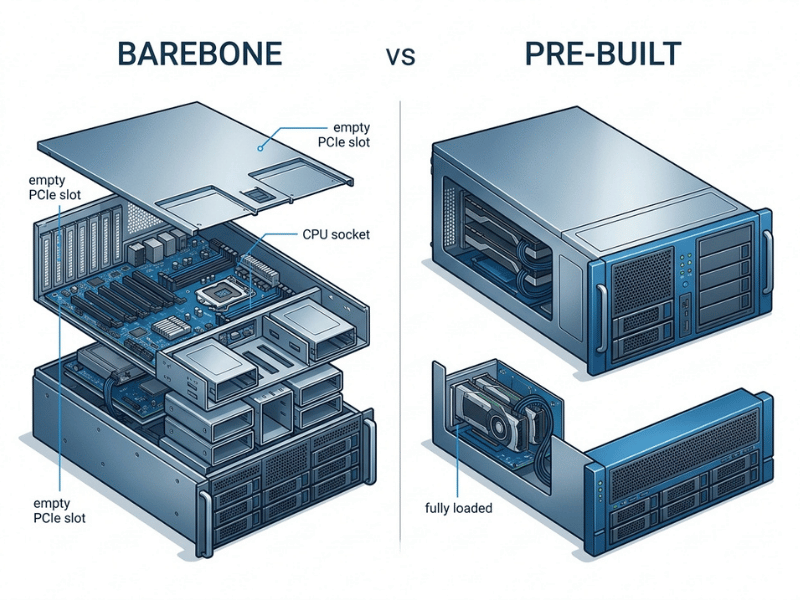 Comparison infographic showing a GPU server barebone versus a fully assembled pre built GPU server Comparison infographic showing a GPU server barebone versus a fully assembled pre built GPU server