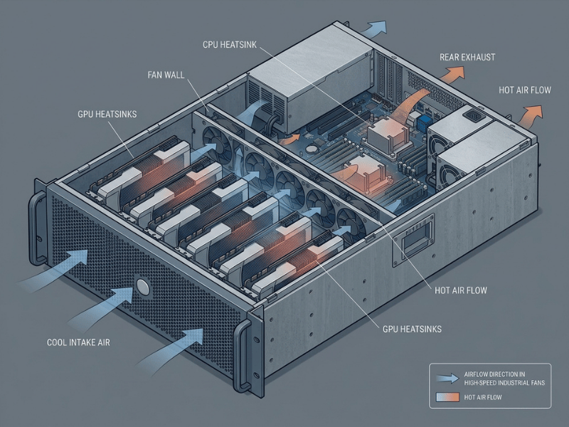 Cutaway illustration showing airflow path and thermal management inside a multi GPU server chassis Cutaway illustration showing airflow path and thermal management inside a multi GPU server chassis