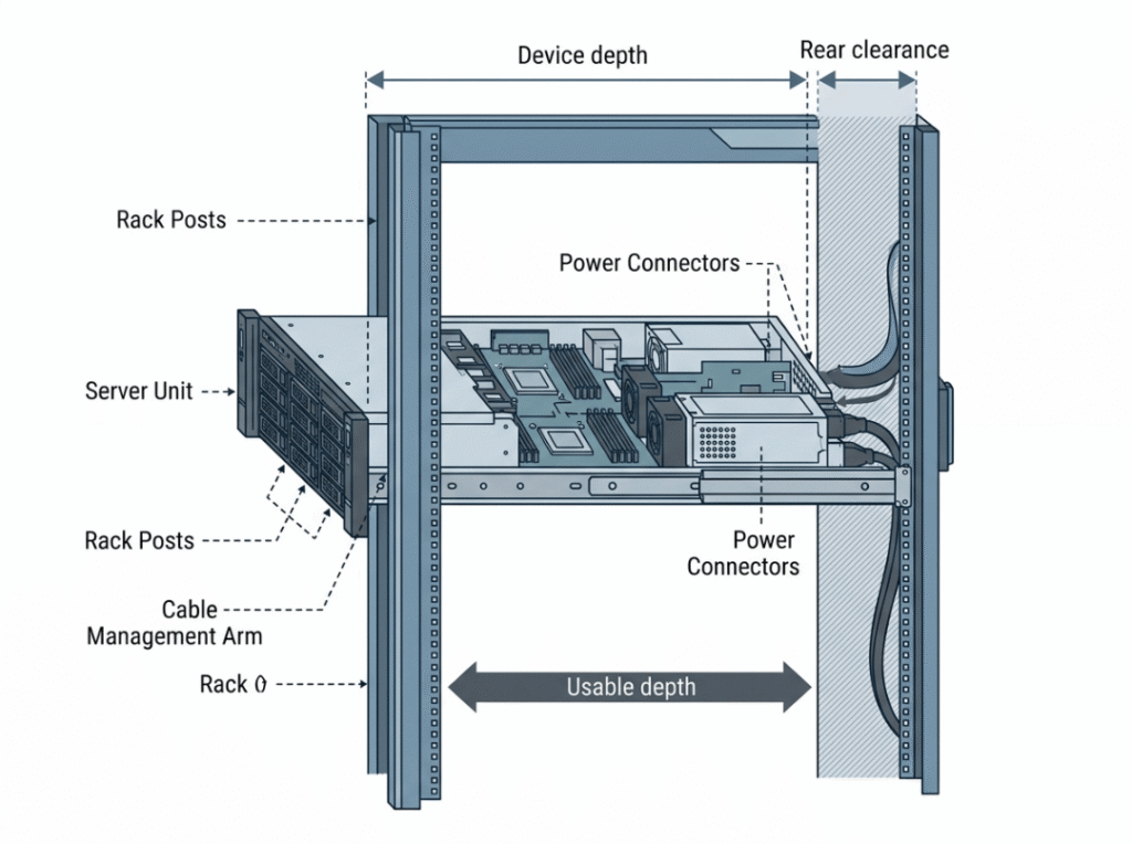 Diagram showing rack depth measurement for servers Diagram showing rack depth measurement for servers