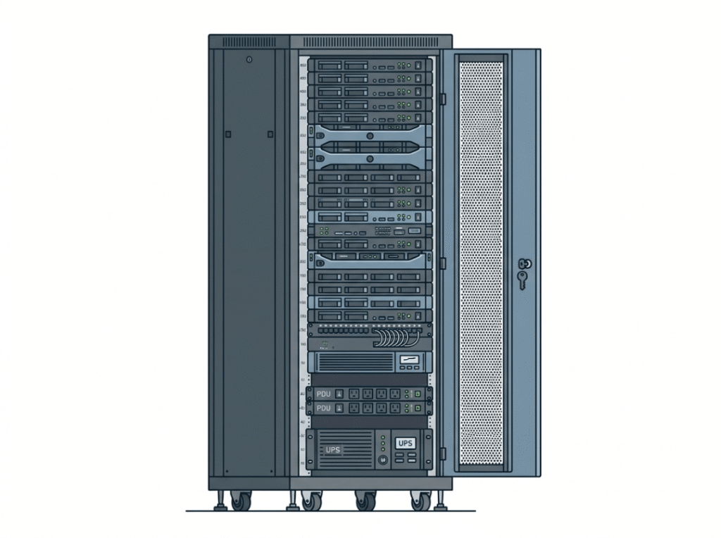 Floor standing server rack with servers and UPS Floor standing server rack with servers and UPS