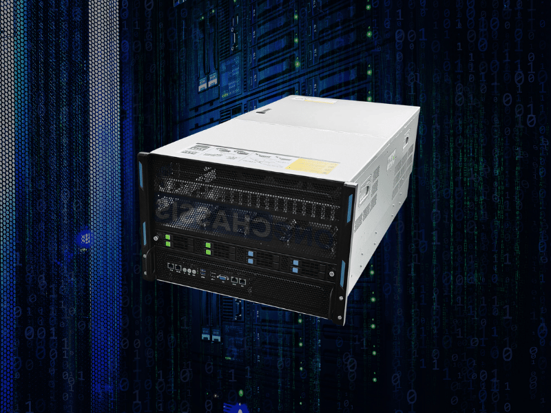 Open GPU server barebone chassis showing motherboard area, power supply, and empty GPU expansion slots