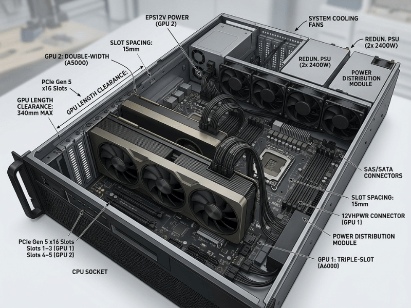 Server chassis interior showing GPU fit, slot spacing, and clearance considerations for large accelerator cards Server chassis interior showing GPU fit, slot spacing, and clearance considerations for large accelerator cards