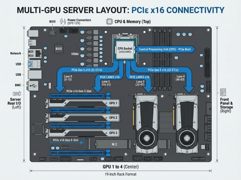 Technical diagram showing PCIe lane layout and four GPU configuration inside a server motherboard platform Technical diagram showing PCIe lane layout and four GPU configuration inside a server motherboard platform
