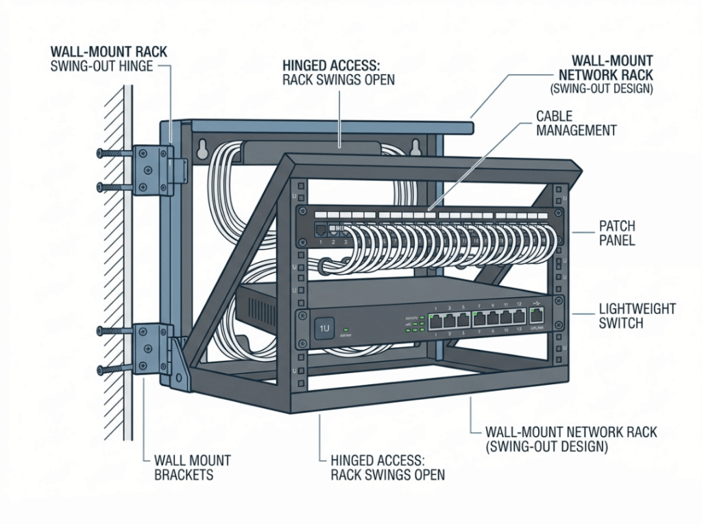 Wall mount network rack with switch and patch panel Wall mount network rack with switch and patch panel