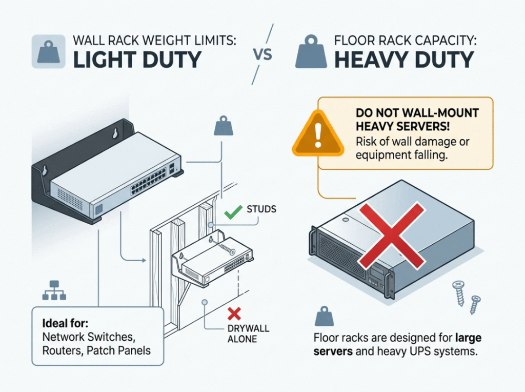 Wall mount rack weight limit safety infographic Wall mount rack weight limit safety infographic