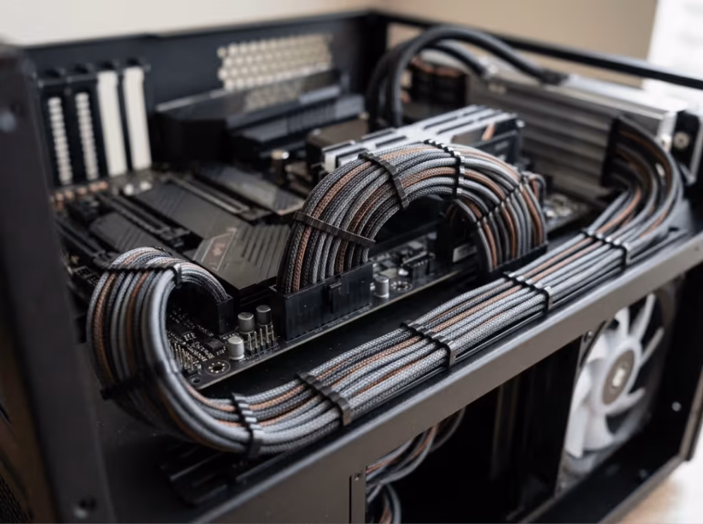 Braided cables routed cleanly on an open frame Braided cables routed cleanly on an open frame