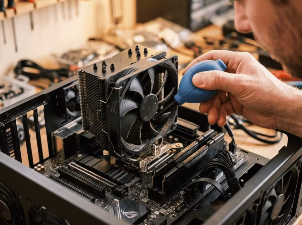 Cleaning dust off an open frame PC with a blower Cleaning dust off an open frame PC with a blower