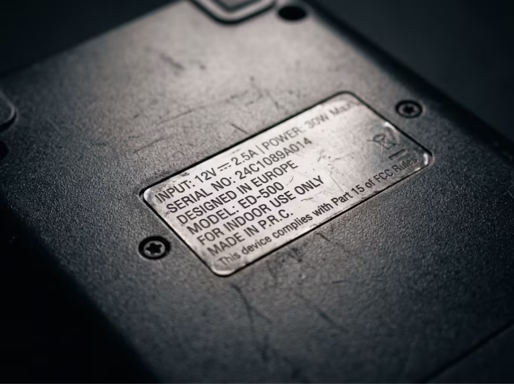 Close up of a device rating label Close up of a device rating label
