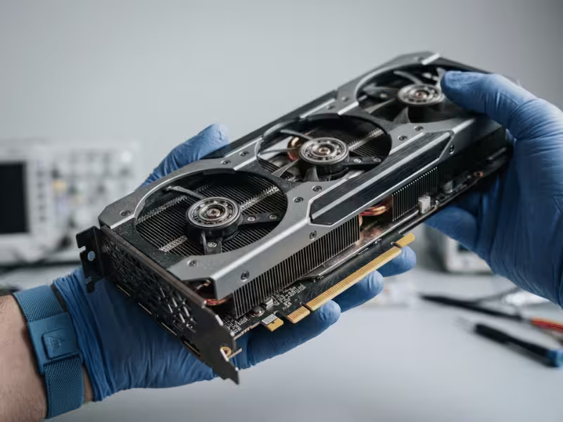 Close up of professional graphics card in hands Close up of professional graphics card in hands
