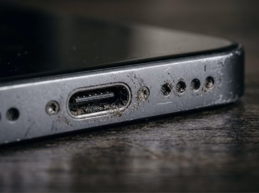 Dust gathered around a phone's charging port Dust gathered around a phone's charging port