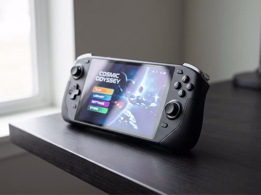 Handheld gaming PC on a desk with its screen on