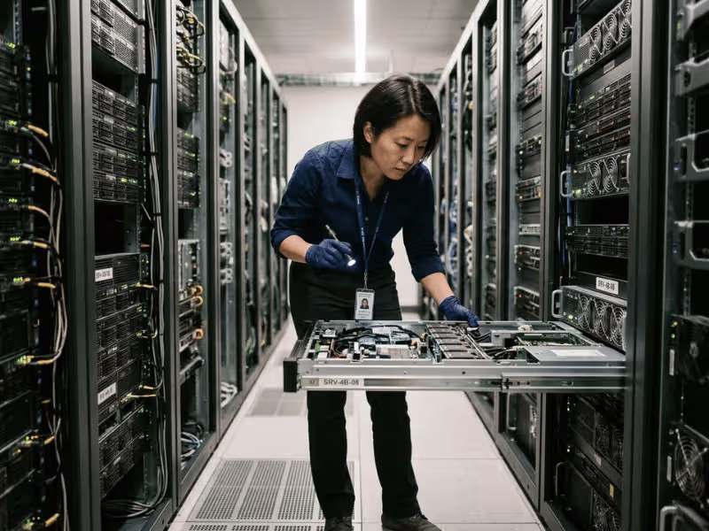 IT engineer inspecting server hardware in rack IT engineer inspecting server hardware in rack