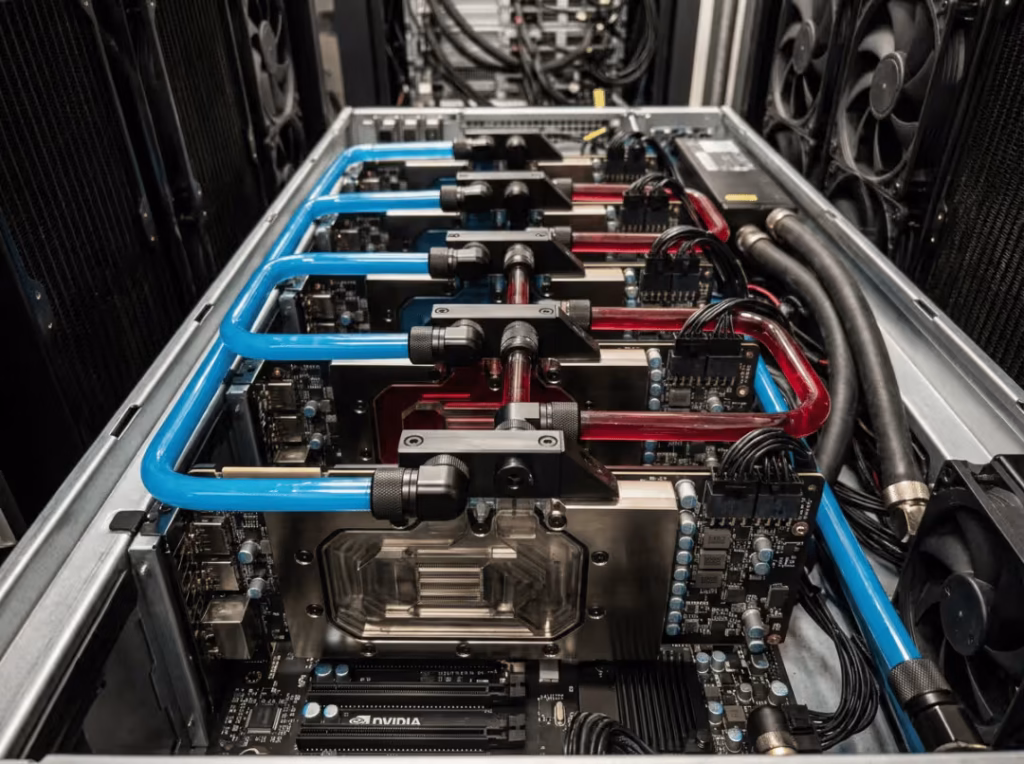Liquid cooling loop inside a GPU server Liquid cooling loop inside a GPU server