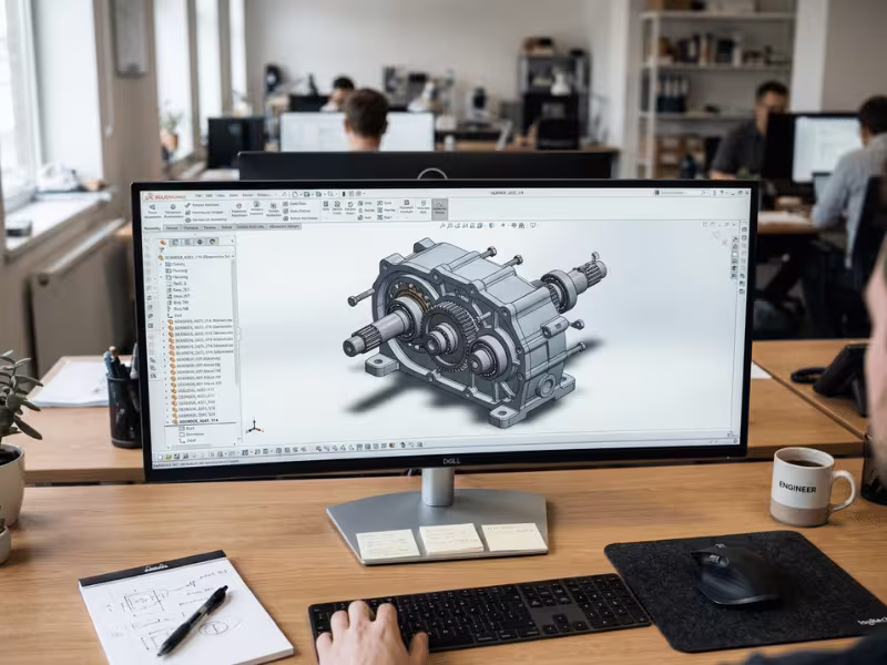 Monitor showing 3D CAD assembly viewport Monitor showing 3D CAD assembly viewport