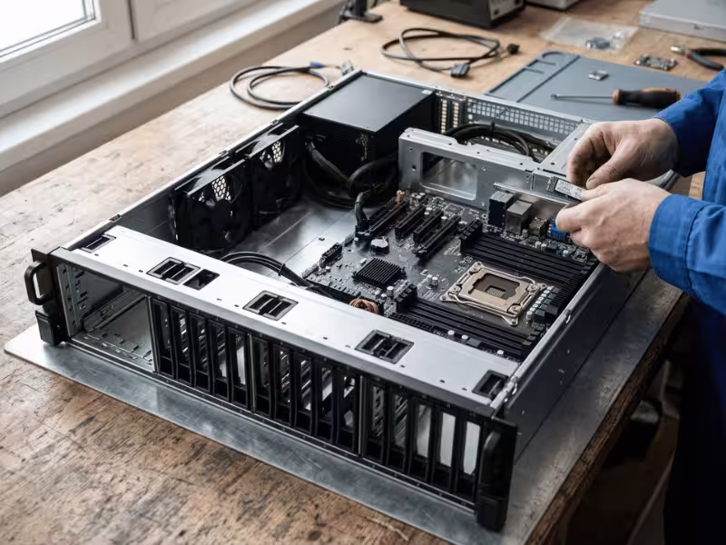 Open barebone server with empty sockets and bays Open barebone server with empty sockets and bays