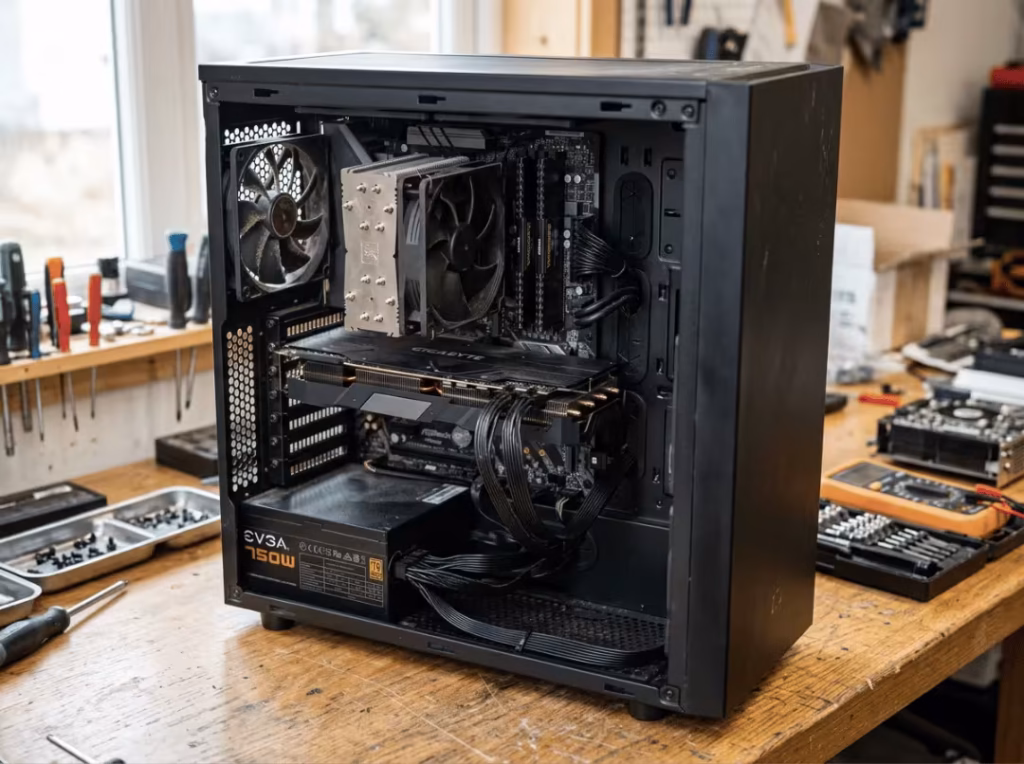 Open desktop PC build with a large graphics card installed Open desktop PC build with a large graphics card installed