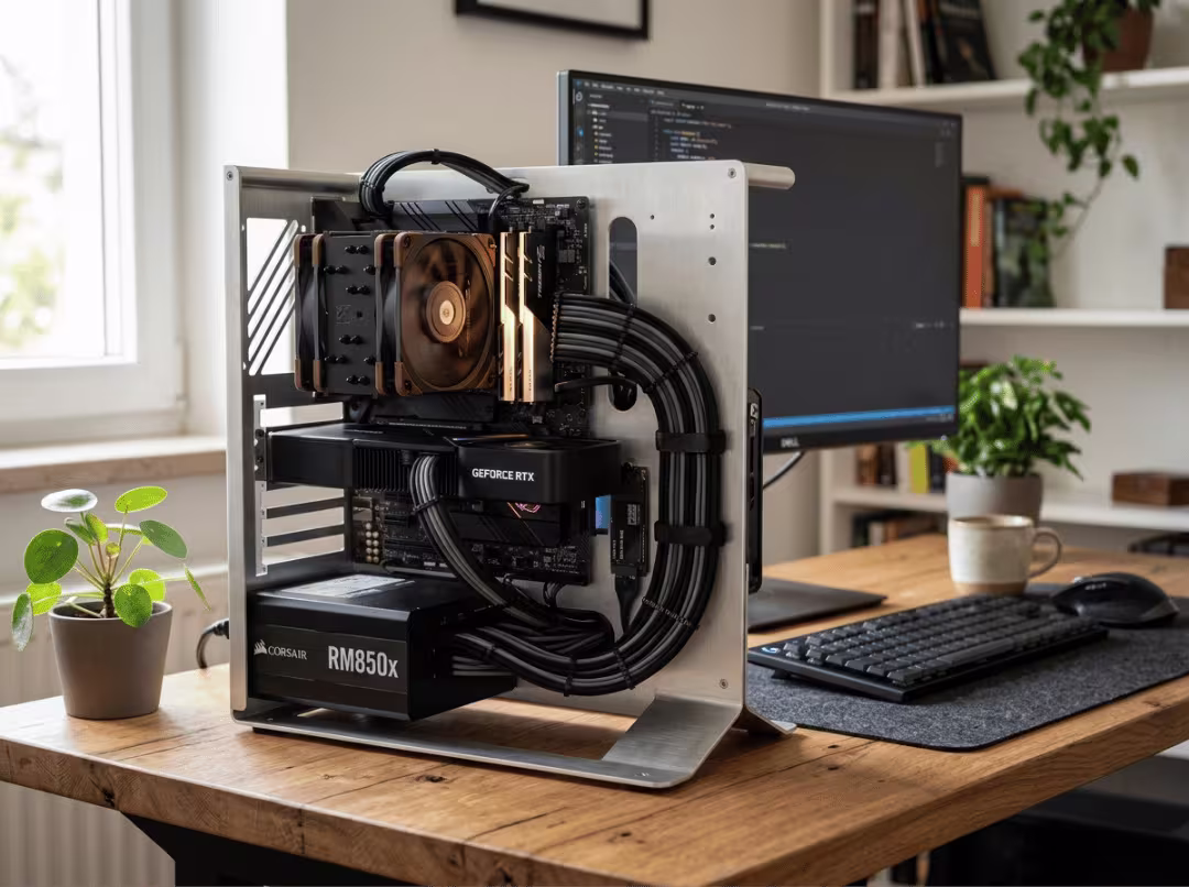Open frame chassis PC build on a desk