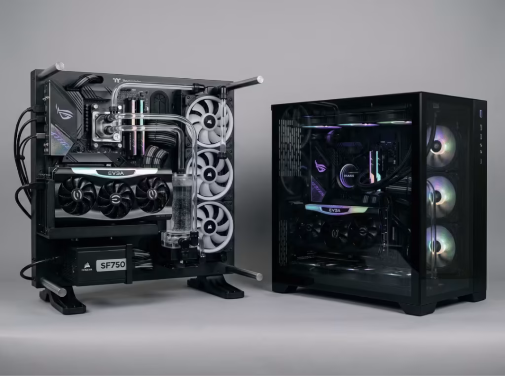 Open frame chassis beside a traditional PC case Open frame chassis beside a traditional PC case