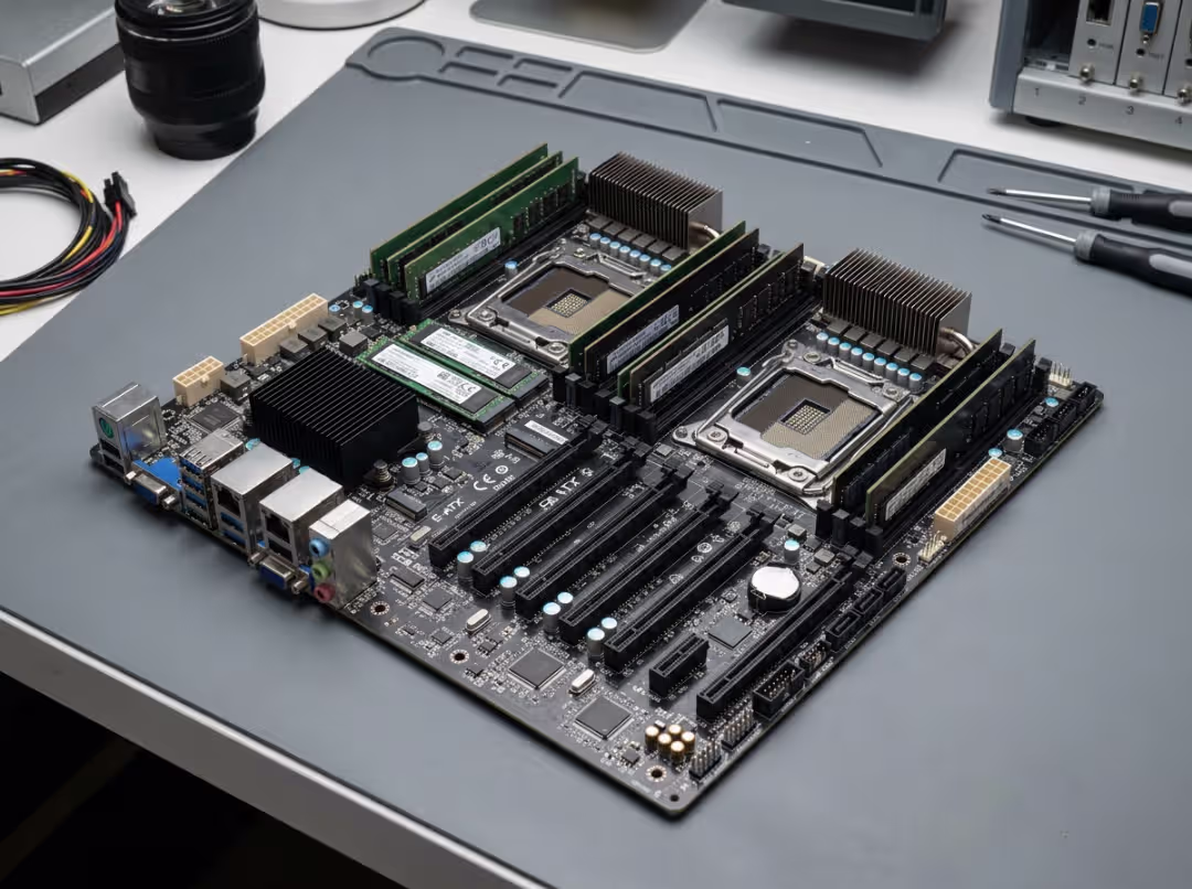 Server motherboard on workbench