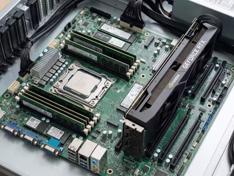 Server motherboard showing CPU RAM and GPU path Server motherboard showing CPU RAM and GPU path