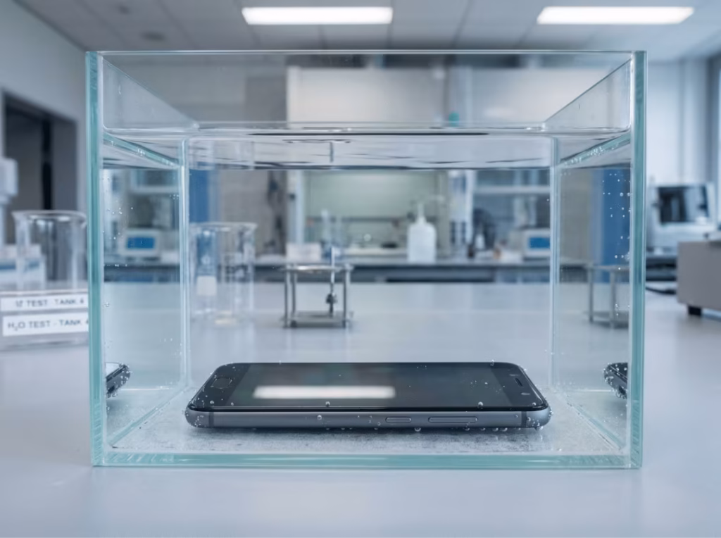 Smartphone submerged in a clear water tank Smartphone submerged in a clear water tank