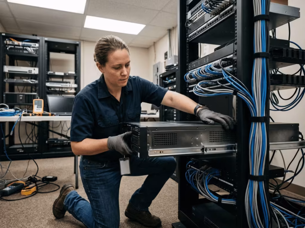 Technician installing a server into an on prem rack Technician installing a server into an on prem rack