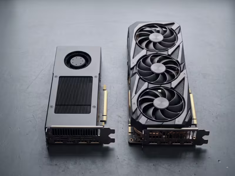 Workstation card beside larger consumer card Workstation card beside larger consumer card