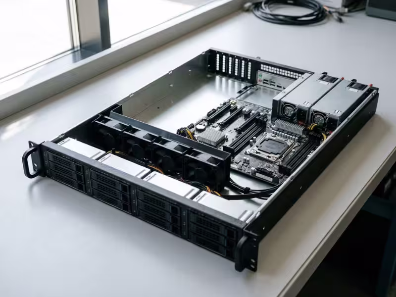Open 2U barebones server with empty CPU socket and drive bays